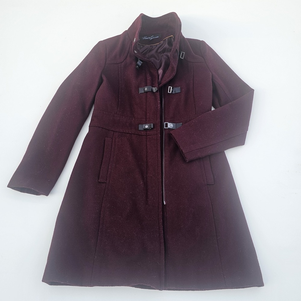 Kenneth Cole New York Burgundy Wool Blend Coat Womens Moto Military Long Jacket